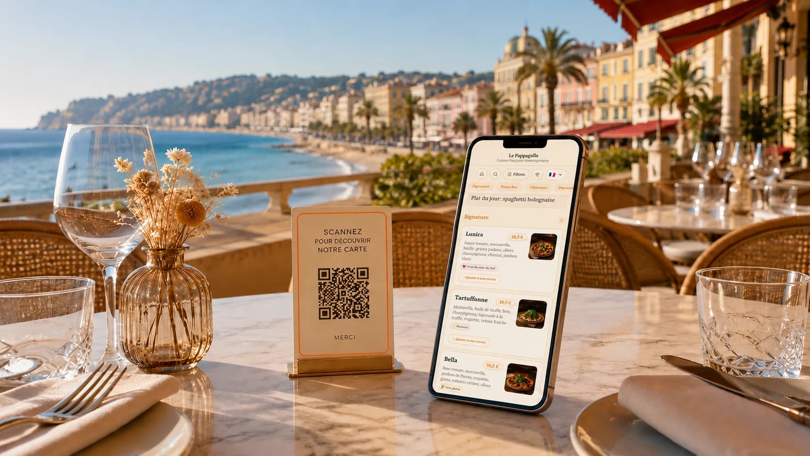 Terrasse de restaurant à Nice avec une carte digitale Tabzel affichée sur un smartphone et un QR code