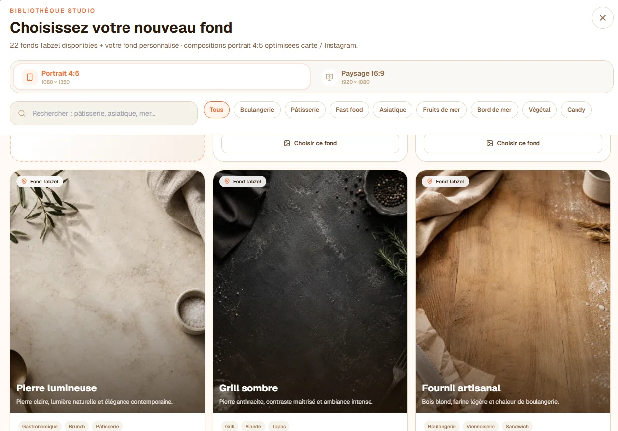 Bibliothèque de fonds Tabzel Studio avec formats portrait et paysage