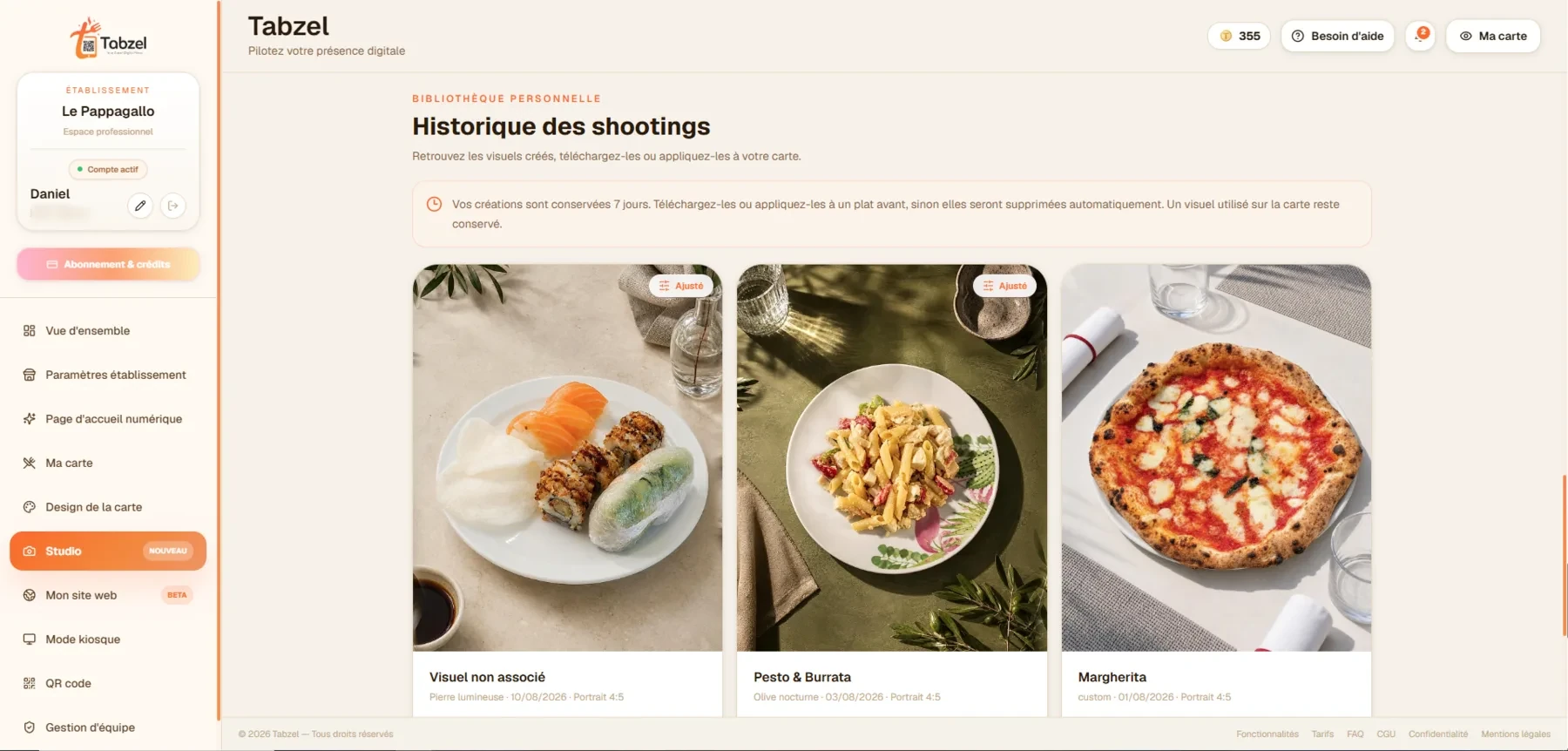 Historique des shootings créés avec Tabzel Studio